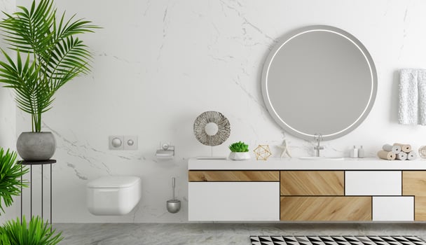 Modern bathroom interior in scandinavian style chest of drawers photo