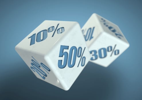 Two dice rolling. Percentage savings on each face. Discount, deal, sale, save money photo