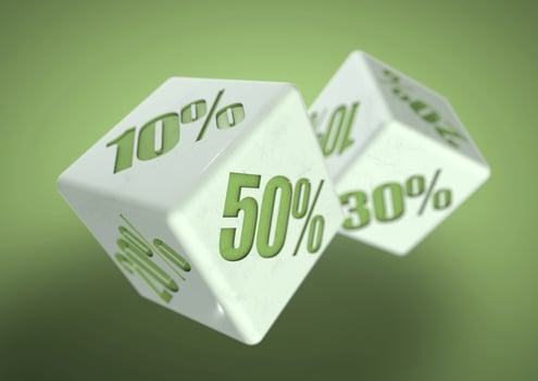 Two dice rolling. Percentage savings on each face. Discount, deal, sale, save money photo