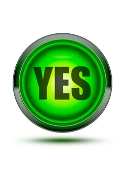 Green traffic light glowing isolated on white with the word Yes and shadow. photo