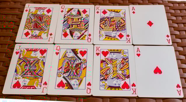 Playing cards with ace, king , queen and joker. photo