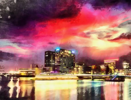 The works in the style of watercolor painting. Magical sunset ov photo