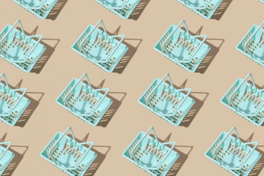 Pattern with shopping basket monochrome pink color. Minimalism. Sales, shopping, prices concept. photo