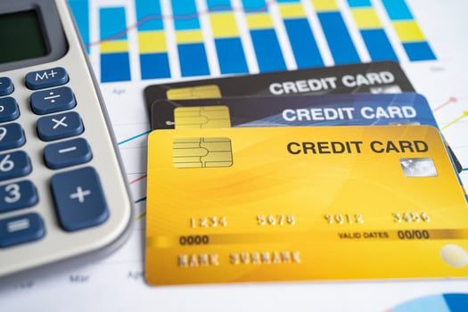 Credit card on chart and graph paper. Finance development, Banking Account, Statistics, Investment Analytic research data economy, Stock exchange trading, Business company concept. photo