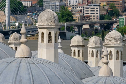 ISTANBUL, TURKEY - MAY 28. View across the rooftops of the Suleymaniye Mosque in Istanbul Turkey on May 28, 2018 photo