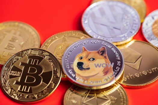 Dogecoin DOGE group included with Cryptocurrency coin bitcoin, Ethereum ETH, Bitcoin Cash bch, Ethereum Classic ETC symbol Virtual blockchain technology future is money lose Close up on red background photo