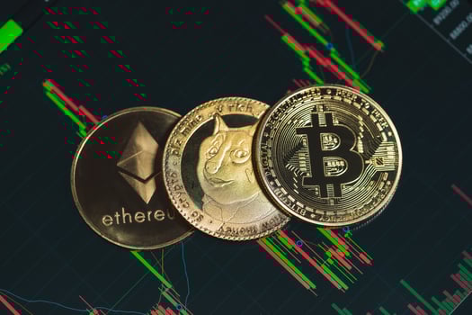 Dogecoin DOGE, Ethereum ETH, Bitcoin BTC group included cryptocurrency and stock chart candlestick down trend lose stock on computer. Use technology cryptocurrency blockchain. close up macro concept. photo