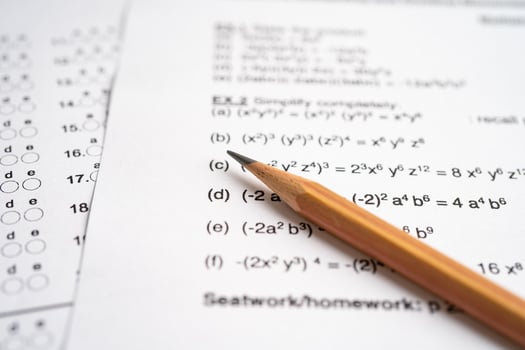 Answer sheets with pencil drawing fill to select choice, education concept photo