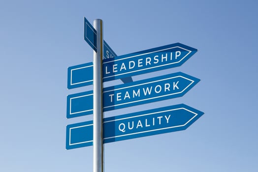 Leadership, teamwork and quality words on signpost isolated on sky background. Management success concept photo