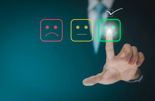 Businessman people are touching the virtual screen on the happy and unhappy Smile face icon in service in the black background, Customer service and Satisfaction concept , photo