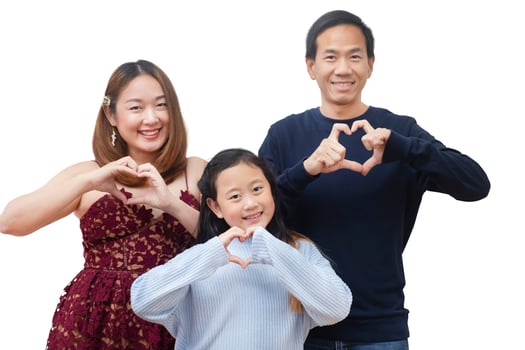 Asian family woman and a man with little junior woman smiling and fun isolated over white background photo