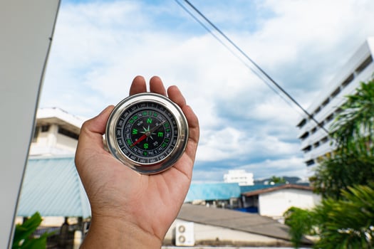 Hand holding a compass ready for a holiday adventure trip, it tells the direction north, south, east, west. photo