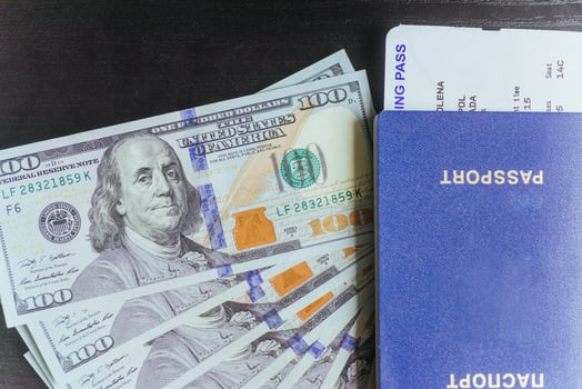 Top view of passport with dollar banknotes on wooden desktop photo