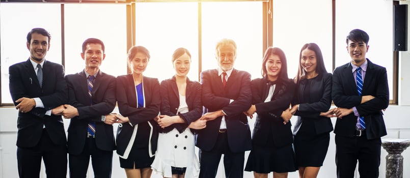 smiling happy Businessman and Businesswomen celebrating success Achievement Arm Raised and show thumb up Concept photo