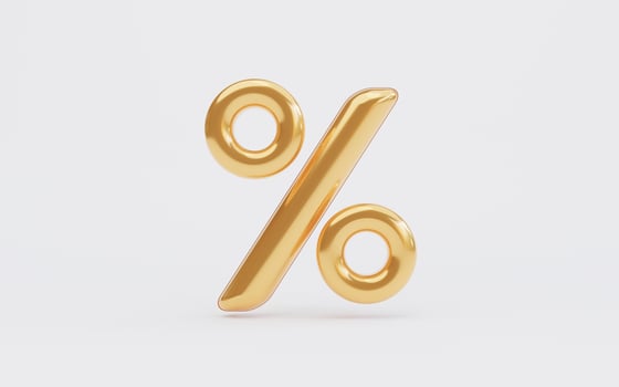 Isolate of golden percentage sign symbol on yellow for discount, sale promotion concept by 3d render. photo