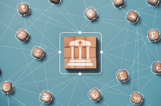 Central banking icon connect linkage with currency sign include US dollar Euro Yen Yuan and pound sterling for global money exchange and transfer or forex concept. photo