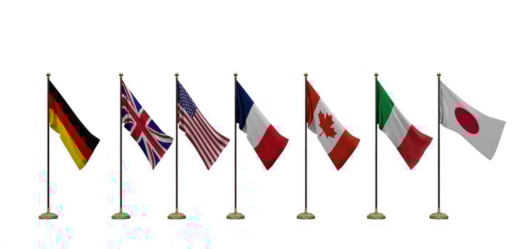 Flags of G7 countries. All official national flags of G7 Canada, France, Germany, Italy, Japan, the United Kingdom, the United States of America. 3D work and 3D illustration. isolated white background photo