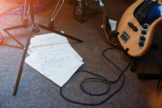 Manuscript of note song on book at musical stage. photo