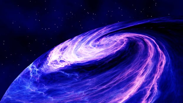 Barred Spiral Galaxy Spinning in Space Flying Through Stars.Whirlpool galaxy spiral gravitational forces. 3D rendering. photo
