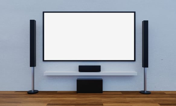 Home Theater on white plaster wall. Big wall screen TV and  Audio equipment use for Mini Home Theater. 3D Rendering. photo