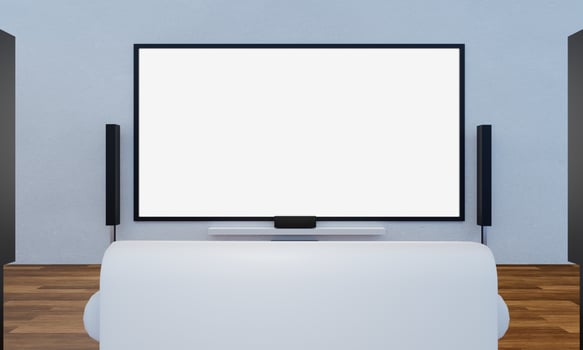 Home Theater on white plaster wall. Big wall screen TV and  Audio equipment use for Mini Home Theater. 3D Rendering. photo