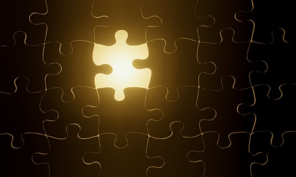 Jigsaw or puzzle. Dark black flooring. Bright gold spaces. To convey the complete fulfillment. The background is bright from the bottom. 3D Rendering photo