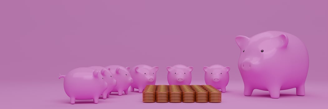 Many pink piggy banks stood around a pile of gold coins. Many gold coins. Stack. Background and pastel pink background. 3d rendering photo