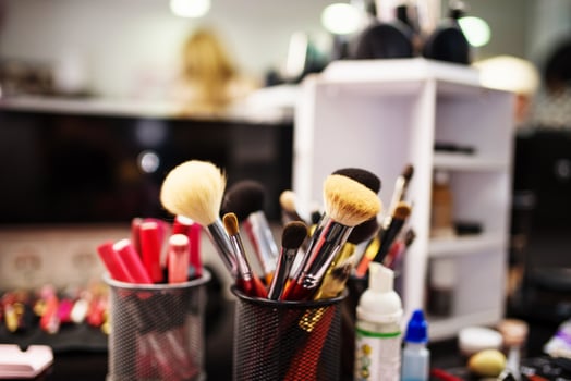 Professional make up brushes at beauty salon. photo