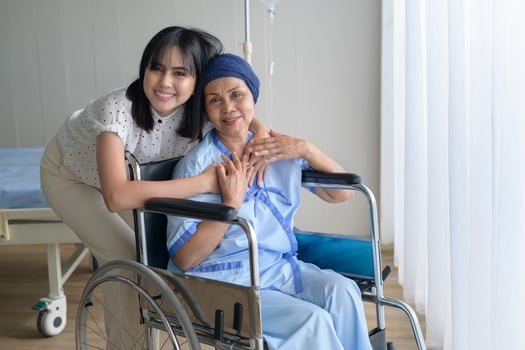 Cancer patient woman wearing head scarf and her supportive daughter in hospital, health and insurance concept. photo