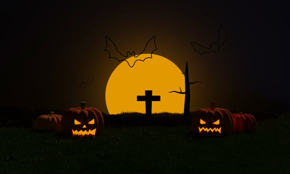 Halloween night background with pumpkins, cemetery and flying bat at moonlight in spooky night. trick or treat party. 3D rendering photo