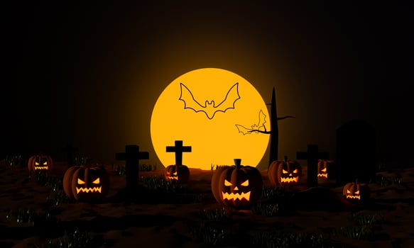 Halloween pumpkins with a cemetery and flying bat at moonlight spooky night. 3D rendering photo