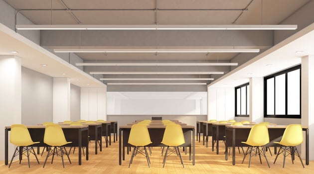 Loft class room with table and chair set, whiteboard and grey plaster wall. 3D rendering photo