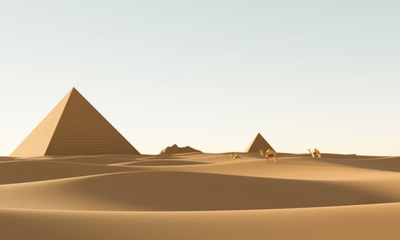 The vast desert is distant with pyramids and a number of camels walk in the desert. Daytime scenery in the desert The sun is bright and bright. 3D Rendering photo