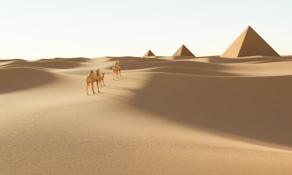 The vast desert is distant with pyramids and a number of camels walk in the desert. Daytime scenery in the desert The sun is bright and bright. 3D Rendering photo
