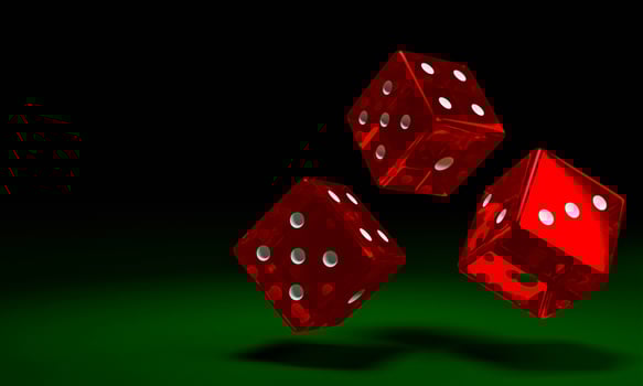Transparent red dice are falling on the green felt table. The concept of dice gambling in casinos. 3D Rendering photo