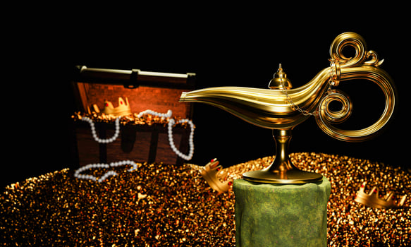 Fantasy genie lamp, gold, placed on a pedestal. Treasure pile with gold coins and pearl necklaces. and a golden crown. A vintage style lantern with gold traces of moss placed on the altar. photo