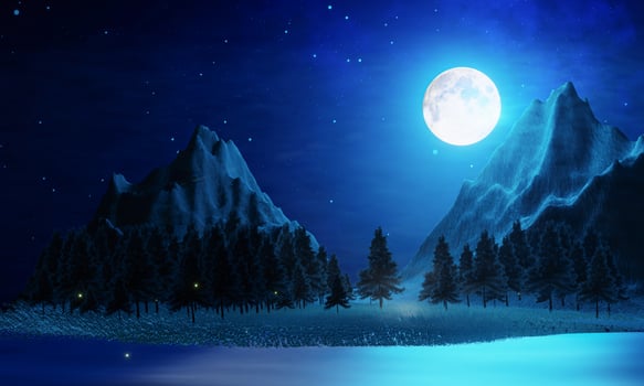 Wide grasslands with pine trees and mountains alternate in background. Full moon night bright stars are filling the sky. Night mountain scenery with fireflies flying above the ground. 3D Rendering photo