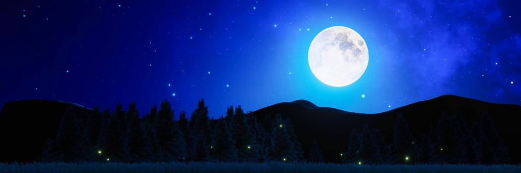 Wide grasslands with pine trees and mountains alternate in background. Full moon night bright stars are filling the sky. Night mountain scenery with fireflies flying above the ground. 3D Rendering photo