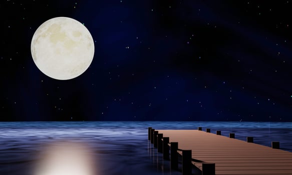 The blue full moon is reflected in the sea. A wave of water from the ocean to island. The sky has many stars. Ripples on the sea at night. 3D Rendering photo
