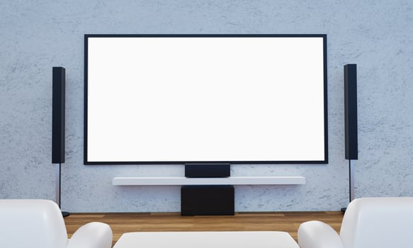 Home Theater on white plaster wall. Big wall screen TV and  Audio equipment use for Mini Home Theater. white sofa and table on wooden floor. 3D Rendering. photo