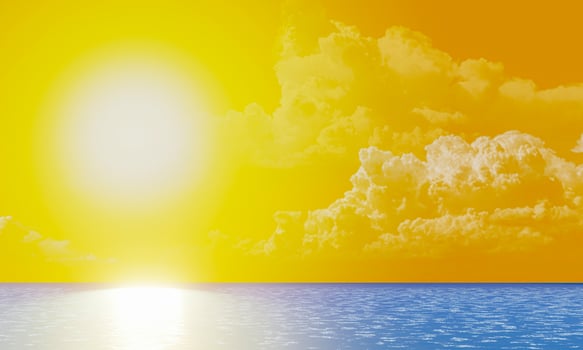 The scenery of the sea at sunset. Big sun Reflection on the sea floor in the middle of the ocean at dusk. Image for Background or Wallpaper. 3D Rendering. photo