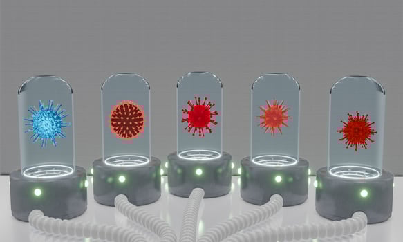 Laboratory, scientific research room for virus experiment, Coronavirus model COVID-19. Experiment to create a virus in the sci-fi movie scene. Power charging stand and red fluorescent test tube photo