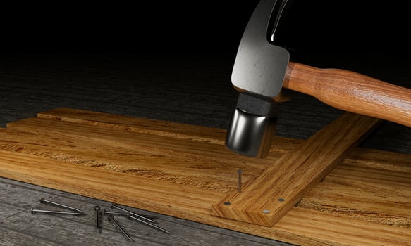 Shiny metal hammer Made of steel The handle is wood. Laid on the old wooden plank floor damaged and a number of metal nails were placed 3D Rendering. photo