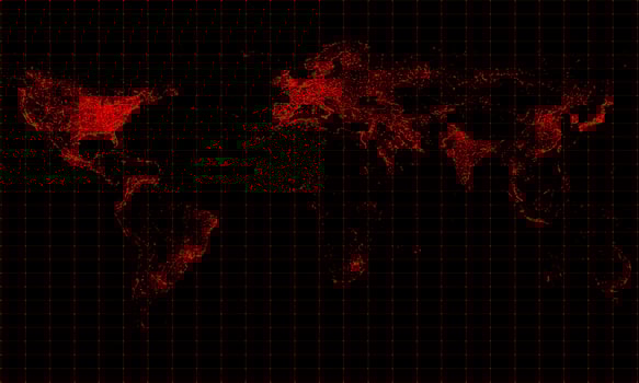 The red world map shows a virus or danger epidemic. The gridlines and red dot show the coordinates on the map. Coronavirus COVID-19 Outbreak. 3D Rendering. photo