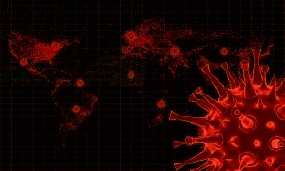 Coronavirus COVID-19 model in a worldwide epidemic. The red world map represents the danger of the spread of the virus. World maps and grids and dots show coordinates. 3D Rendering. photo