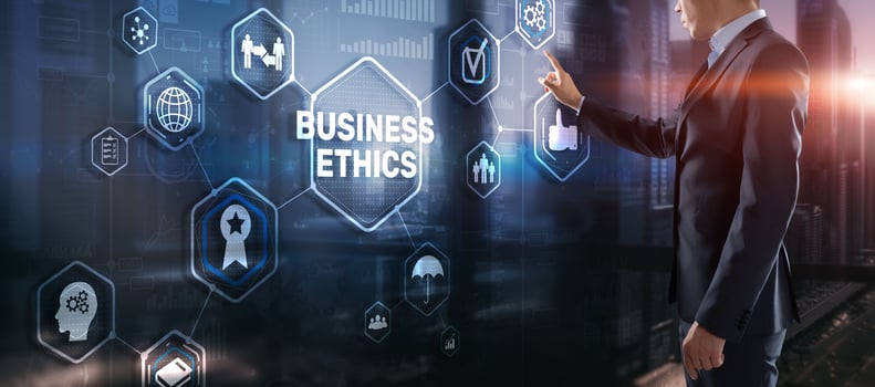 Business ethics Behavior and manners concept. Businessman pressing button on virtual screen photo