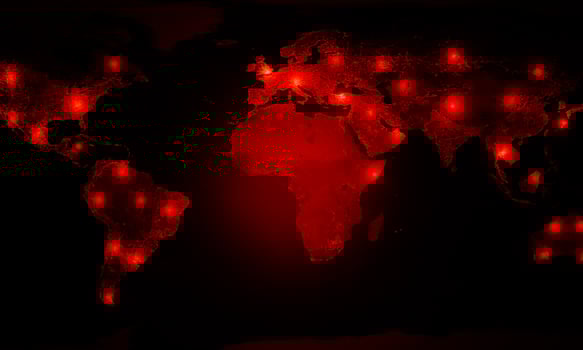 World map show red and hot spots for  covid-19 or coronavirus crisis.  Covid-19 virus nCoV Concept.  Corona virus from  Wuhan , China crisis concept. Pandemic or virus infection concept photo