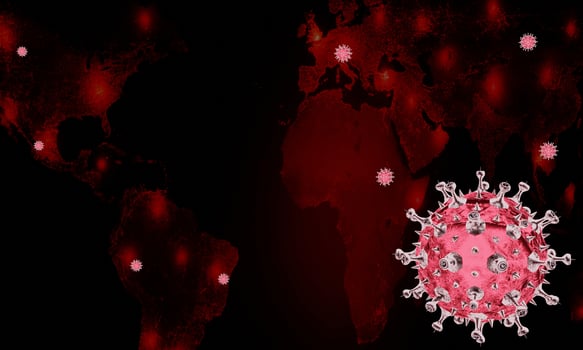Coronavirus disease COVID-19 infection medical illustration. China pathogen respiratory influenza covid virus cells. New official name for Coronavirus disease named COVID-19. 3D Rendering. photo