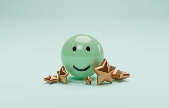 Smile face on green ball with golden five stars for customer or client survey and satisfaction after use product and service  concept by 3d render. photo