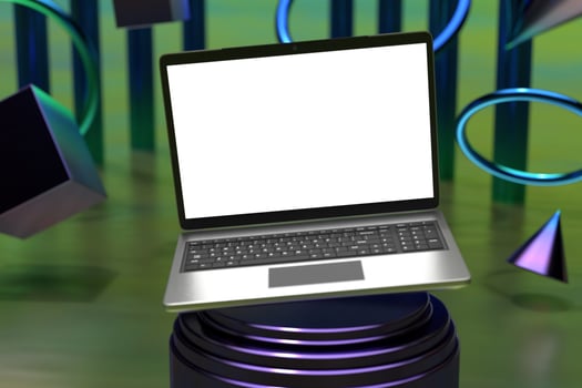 Macbook laptop screen mockup above pedestal photo